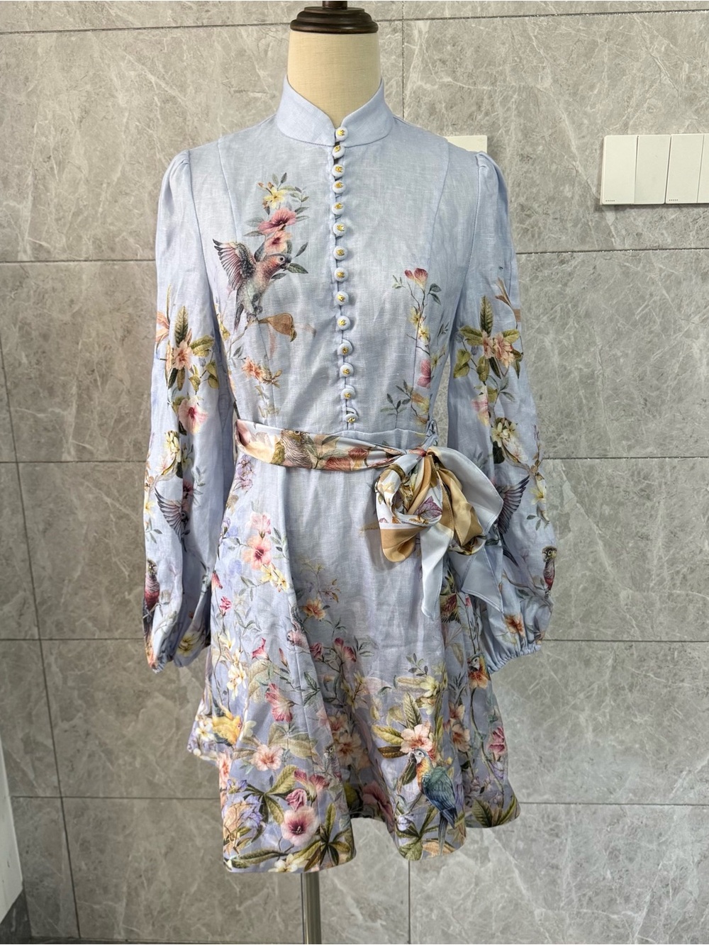 Zimmermann Powder Blue Floral & Bird Tie-Waist Mini Dress - Picture 2 of 11